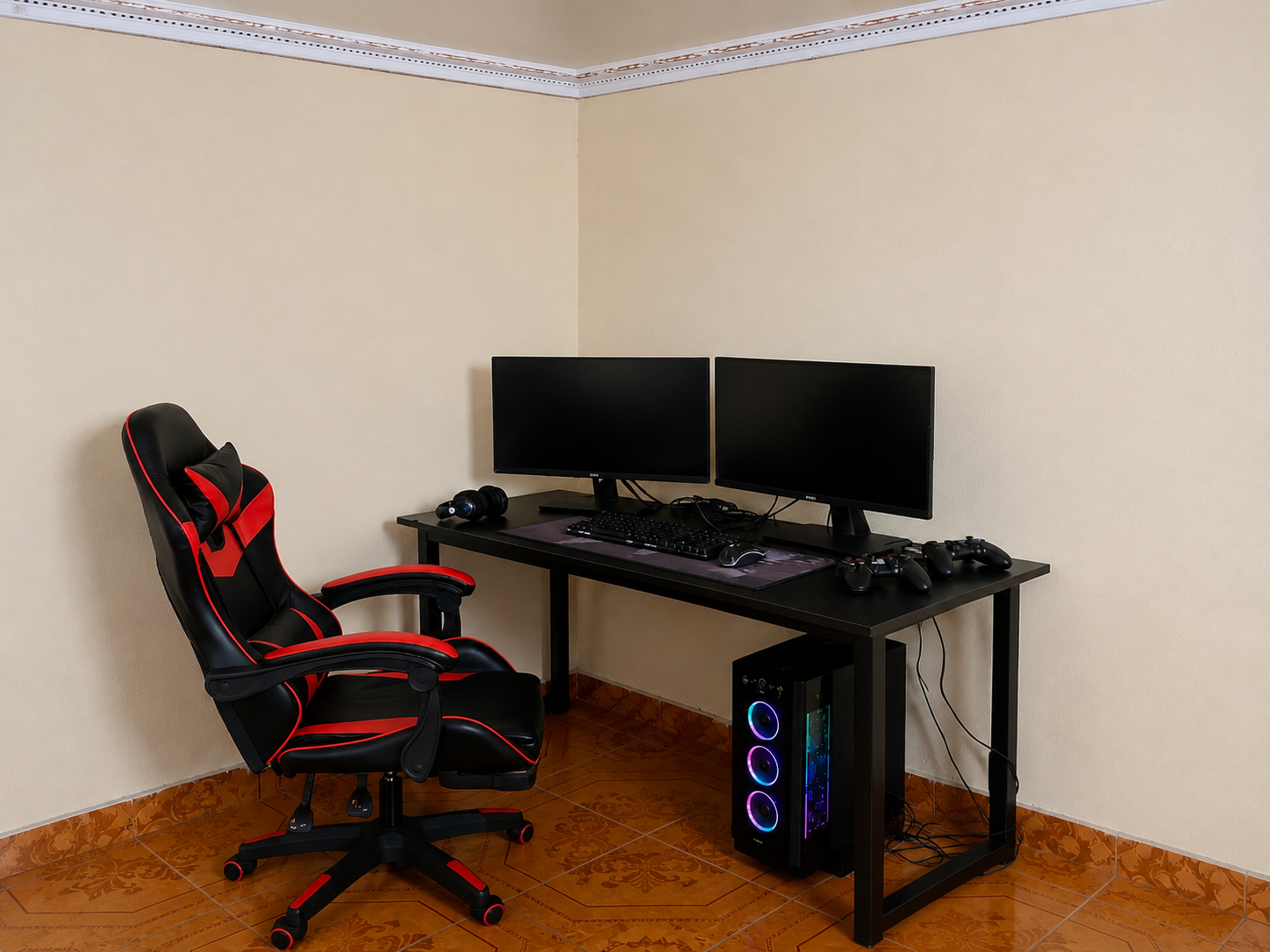 Cramped messy gaming room before upgrade