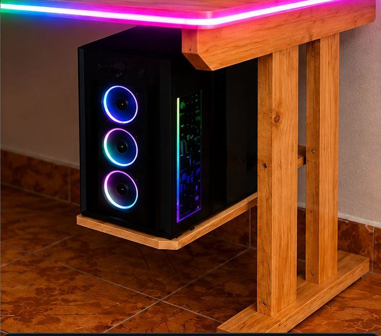 Gaming PC supported by the OakLine under-desk storage shelf