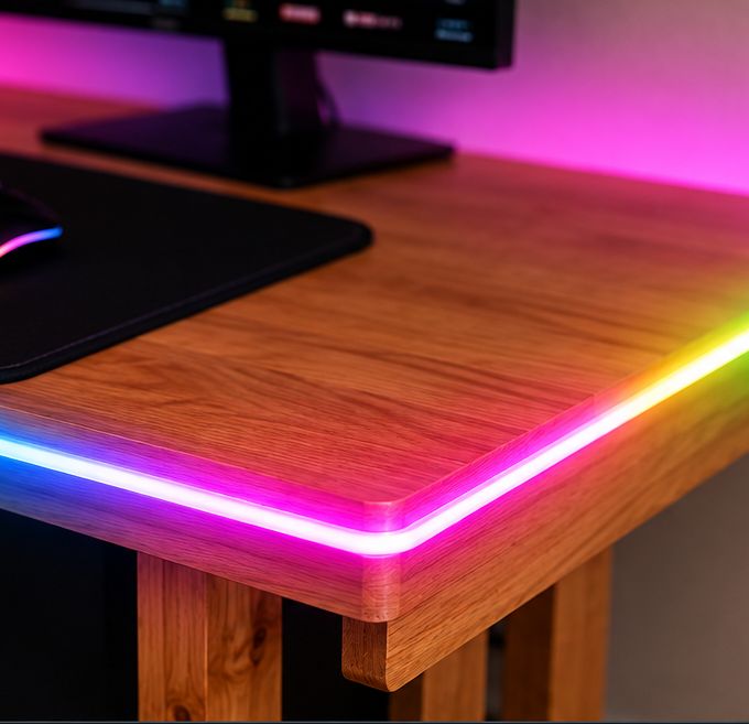 RGB LED strip lighting installed around the OakLine desk desktop