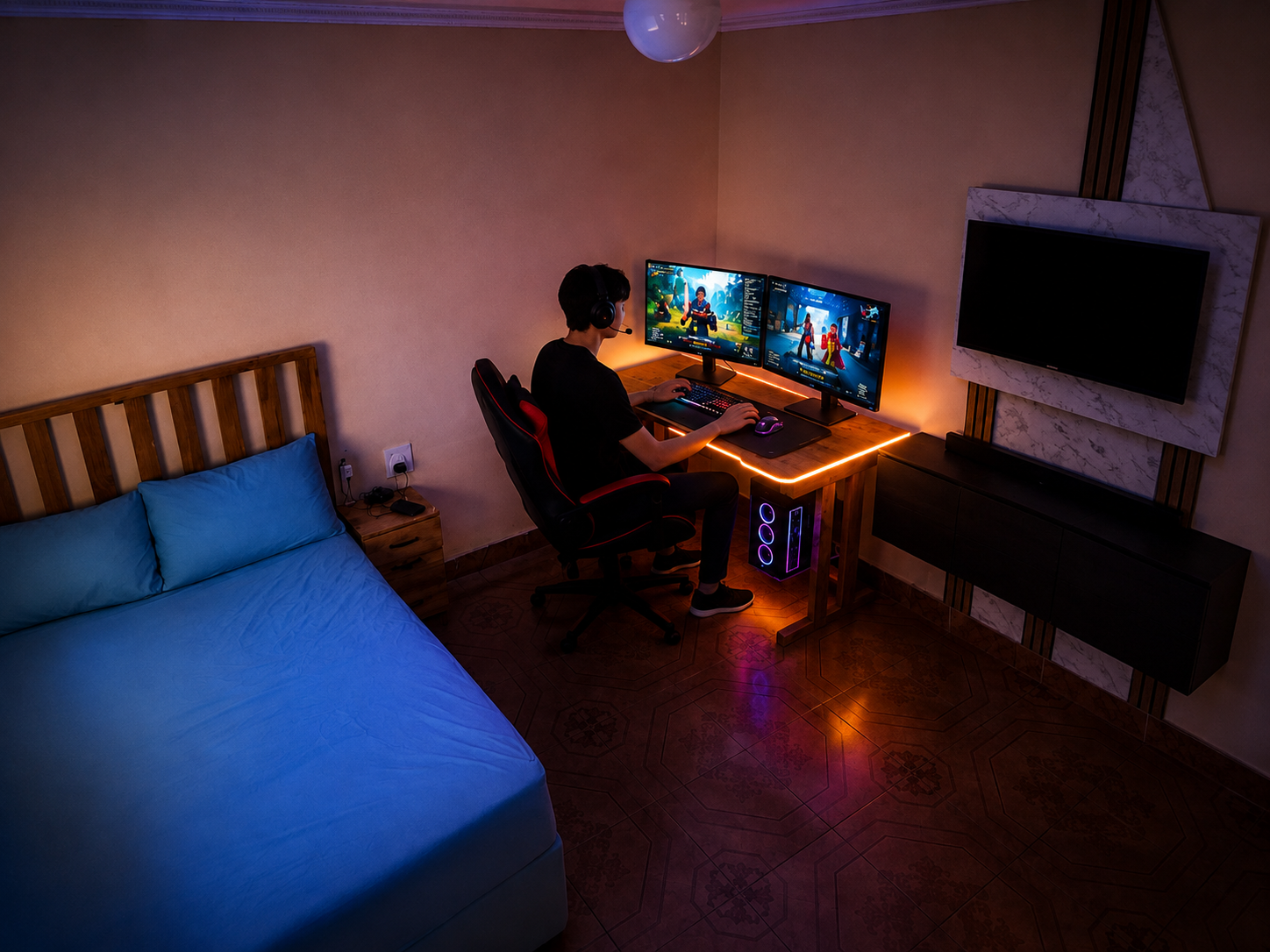 Clean organized gaming bedroom with the OakLine gaming desk